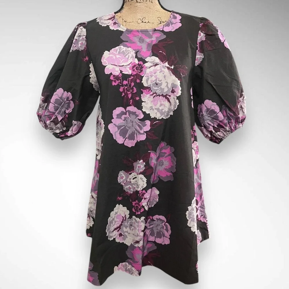 FREE PEOPLE Maye Poplin Puff Sleeve Floral Tunic/Dress In Midnight‎ XS | NWT
